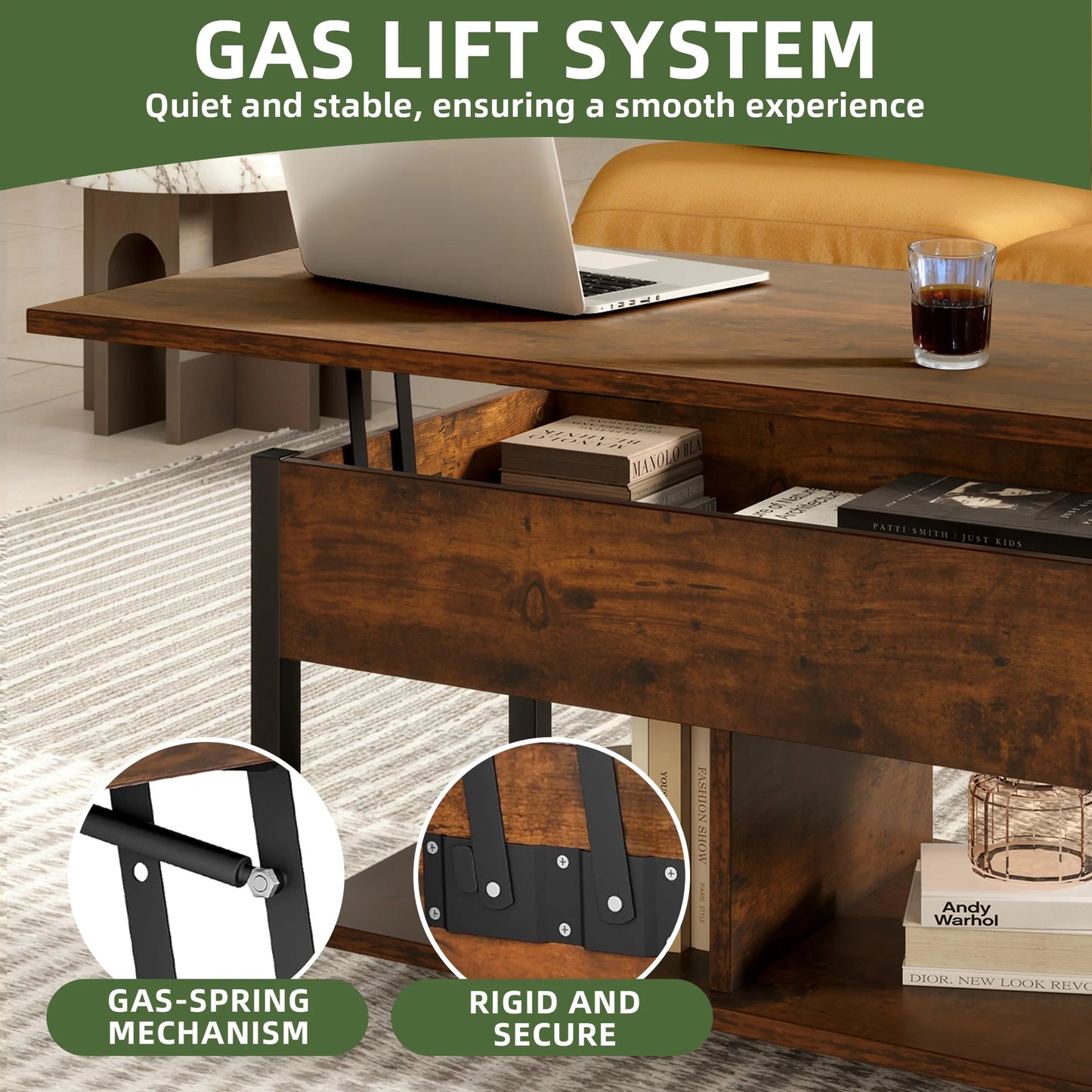 Coffee Table with Storage, Lift-Top Wooden Center Table for Home & Office, Rustic Brown