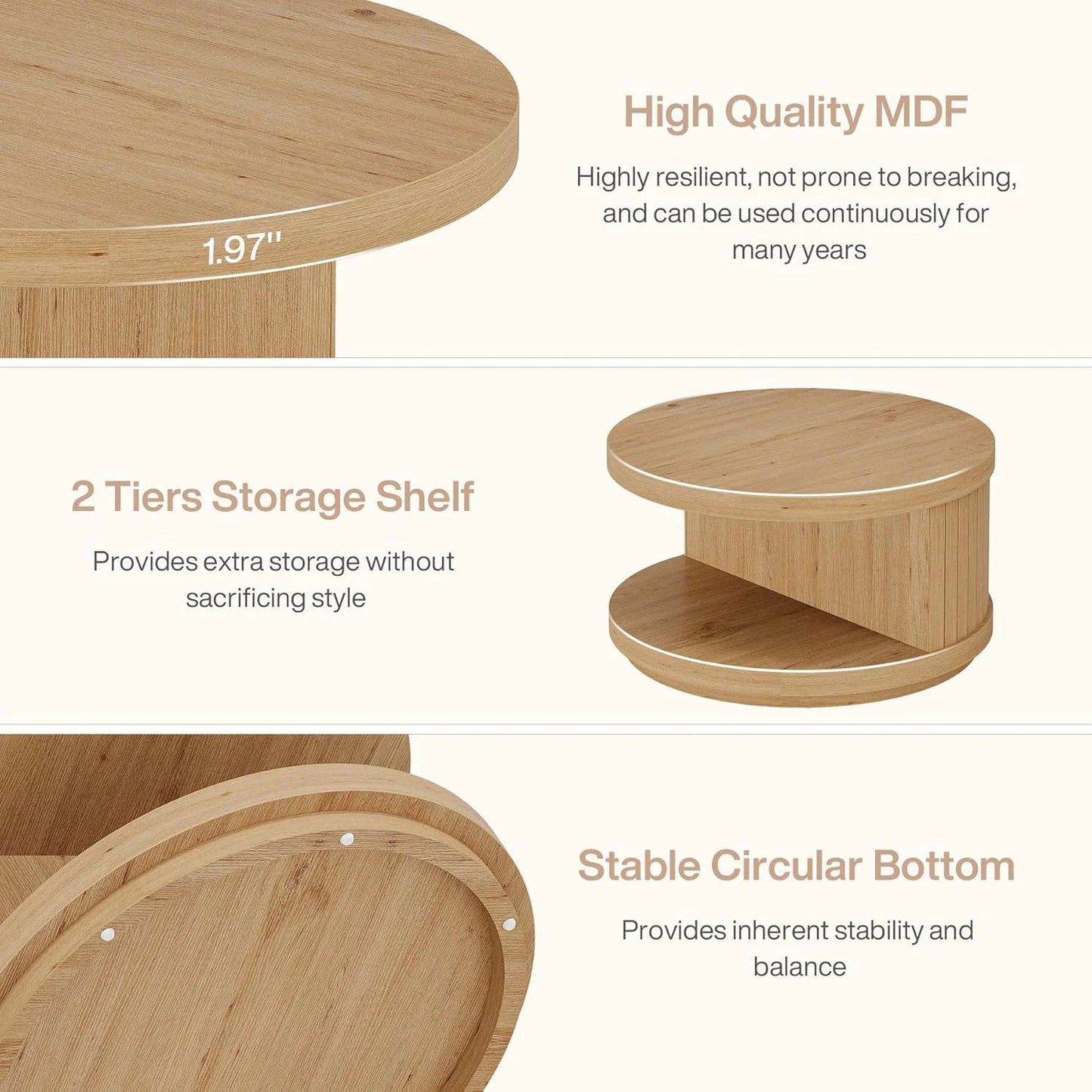 31.5" round Industrial Coffee Table with Storage, Fluted Accent Center Table for Living Room (Natural)