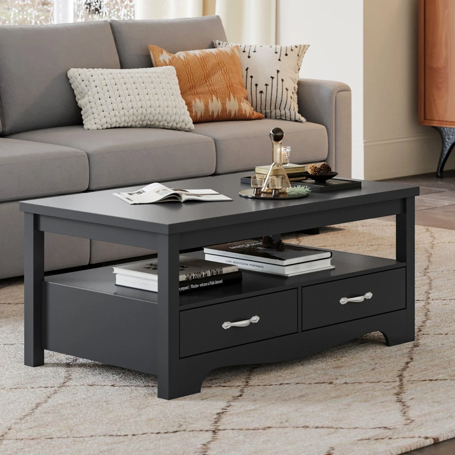 Coffee Table with Storage Drawers, Wooden Farmhouse TV Stand Center Table for Living Room, Black