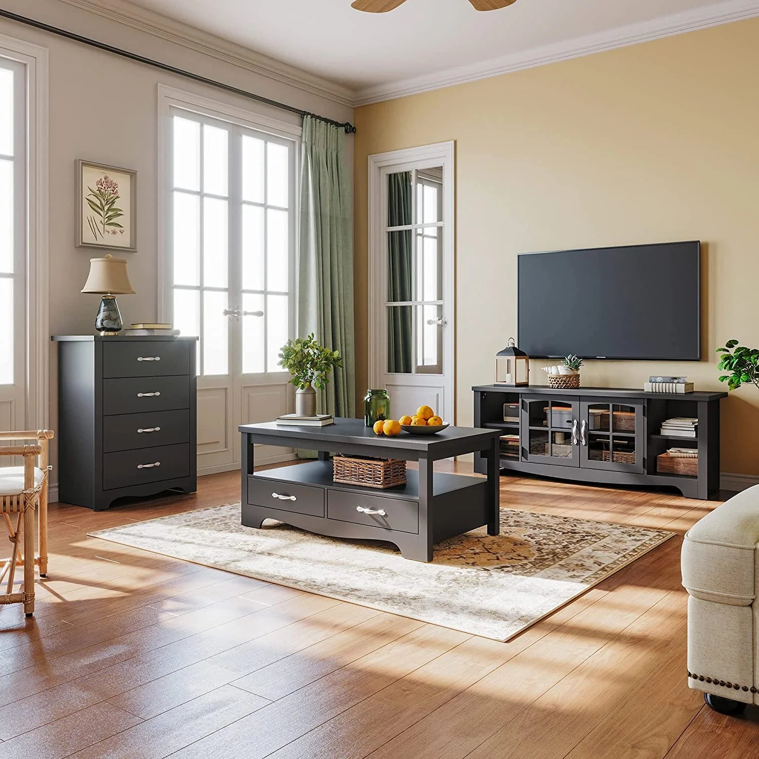 Coffee Table with Storage Drawers, Wooden Farmhouse TV Stand Center Table for Living Room, Black
