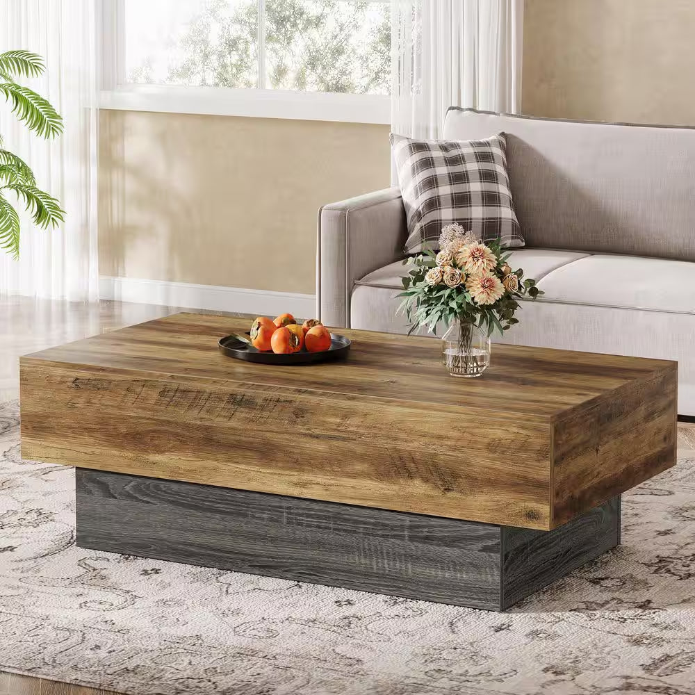 Allan 55.12 In. Brown and Gray Living Room Center Table, Rectangle Wood Coffee Table, Vintage Large Tea Table