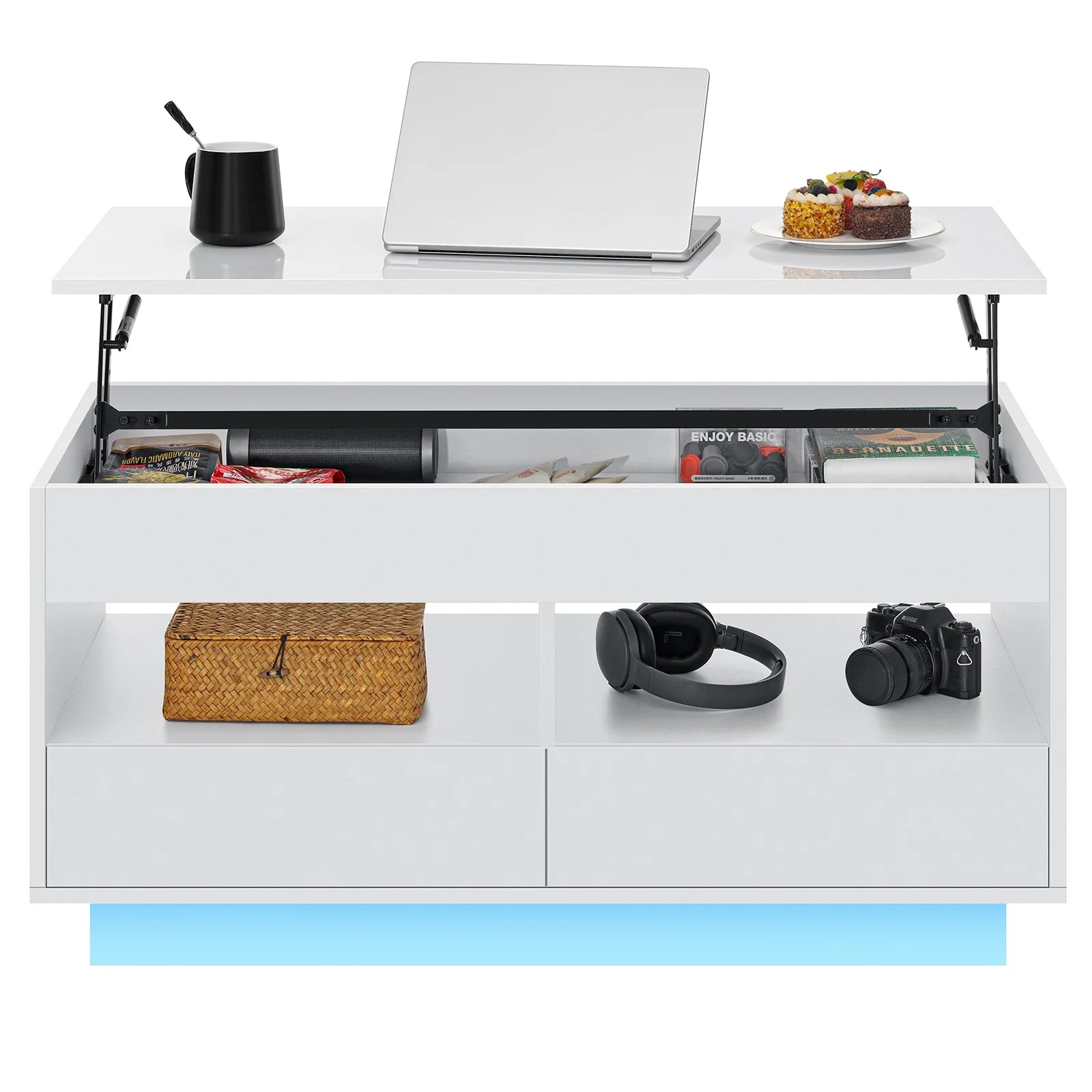 Lift Top Coffee Table with LED Light 4 Tier Modern Center Tables with 2 Storage Drawers Hidden Compartment Open Shelves for Living Dining Room