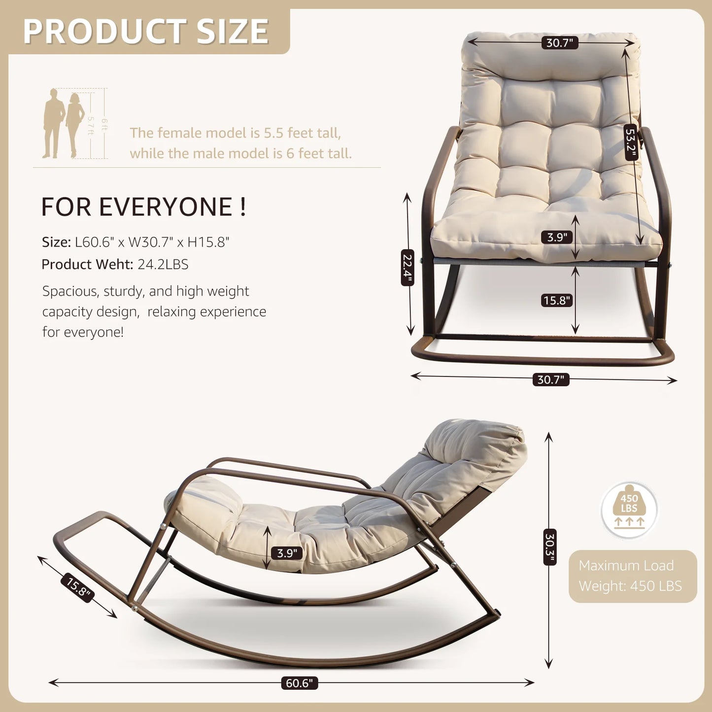 Oversized Rocking Chair with Footrest,  Patio Papasan Rocking Recliner for Indoor Outdoor Use, Heavy Duty Wicker Lounge Chair, 450Lbs, Beige