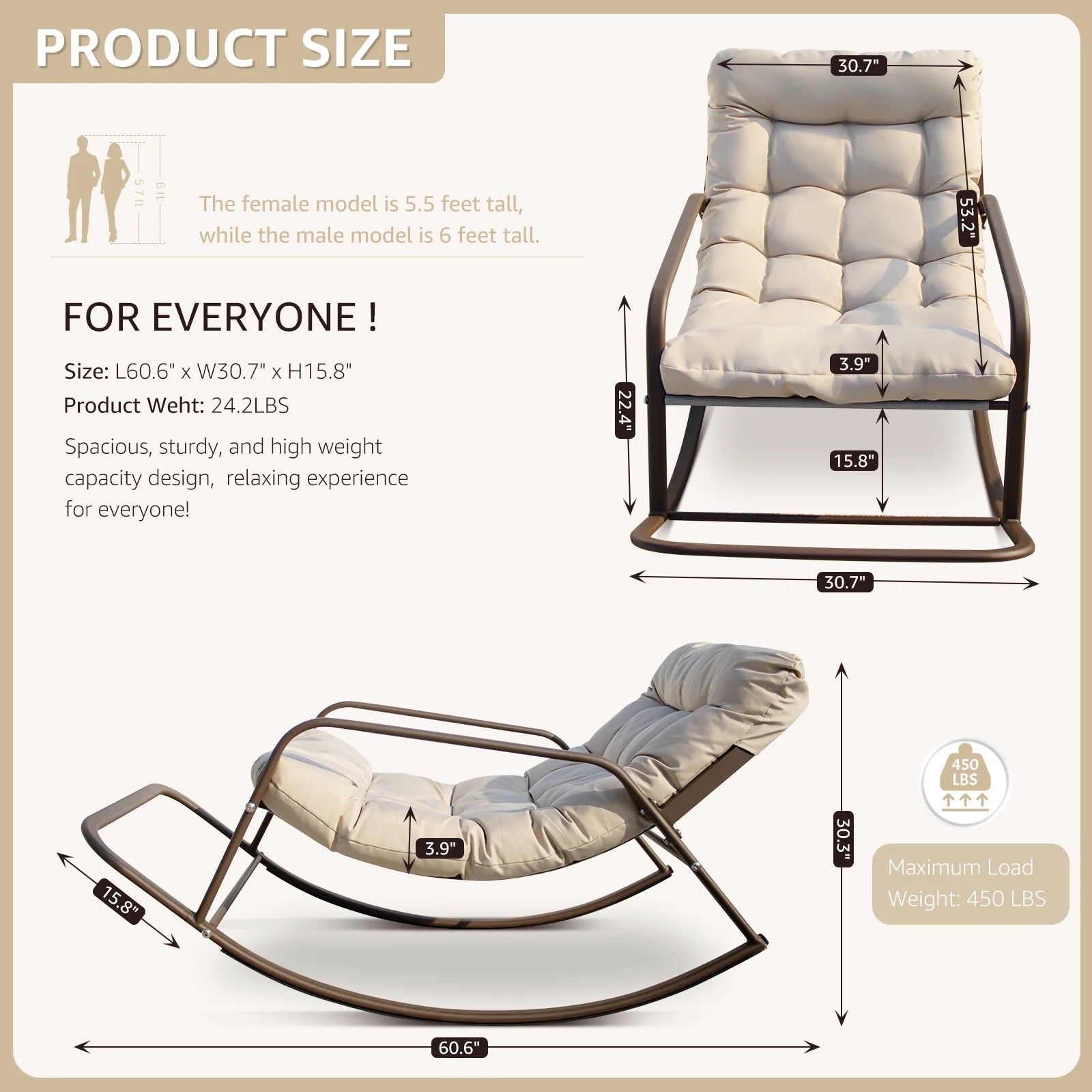 Oversized Rocking Chair with Footrest,  Patio Papasan Rocking Recliner for Indoor Outdoor Use, Heavy Duty Wicker Lounge Chair, 450Lbs, Beige