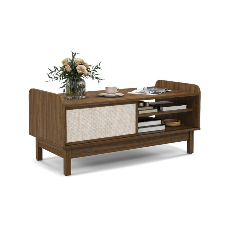 Mid-Century Center Table with Storage and Weaving Sliding Door & Adjustable Shelf