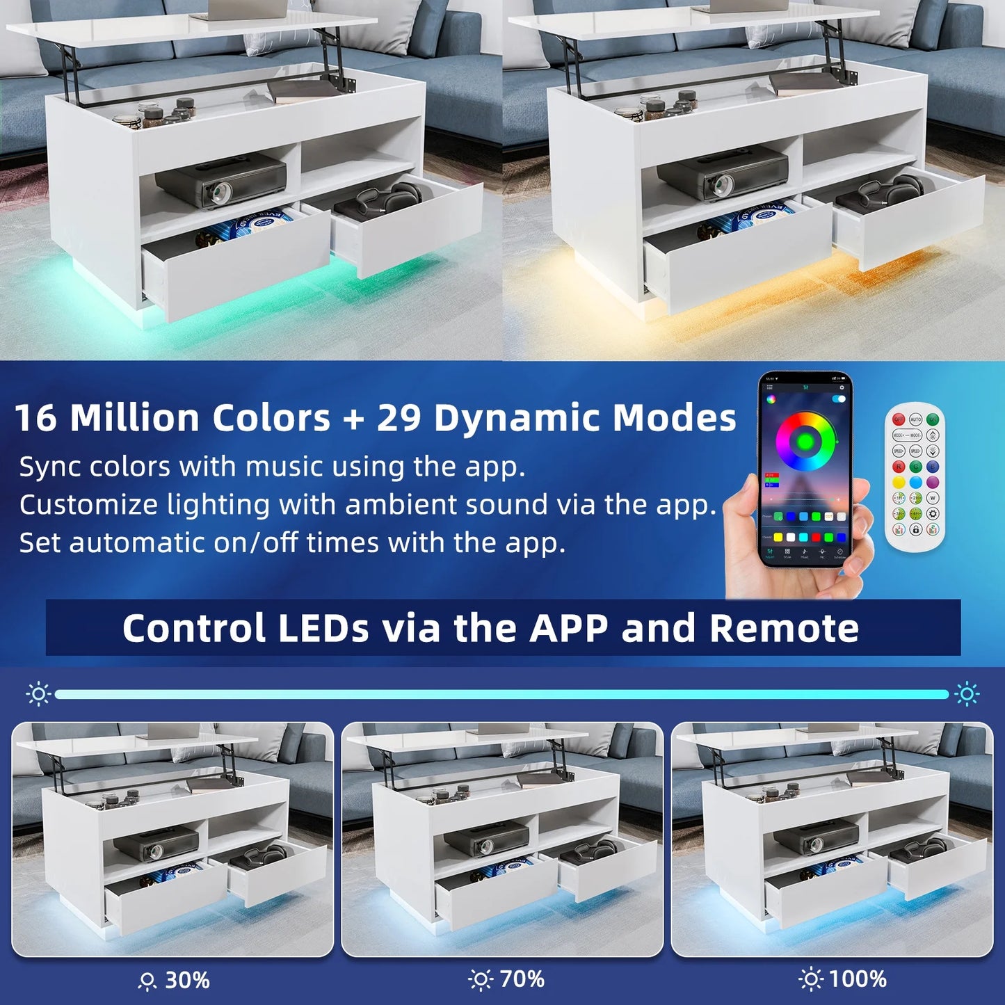 Lift Top Coffee Table with LED Light 4 Tier Modern Center Tables with 2 Storage Drawers Hidden Compartment Open Shelves for Living Dining Room