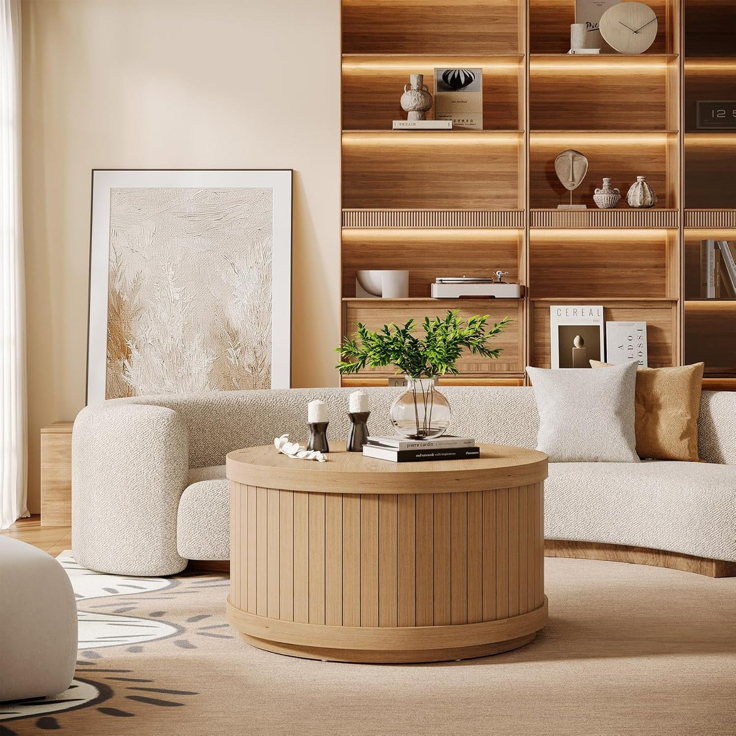 31.5" round Industrial Coffee Table with Storage, Fluted Accent Center Table for Living Room (Natural)