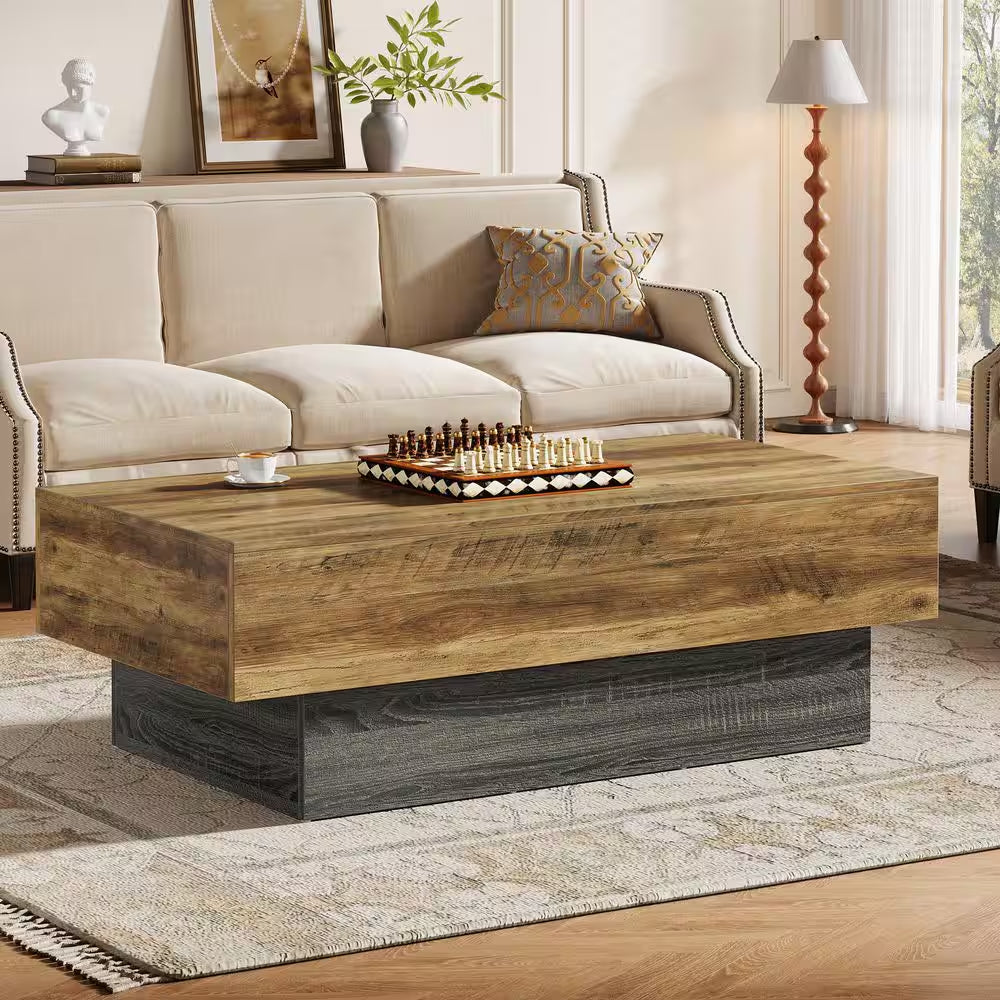 Allan 55.12 In. Brown and Gray Living Room Center Table, Rectangle Wood Coffee Table, Vintage Large Tea Table