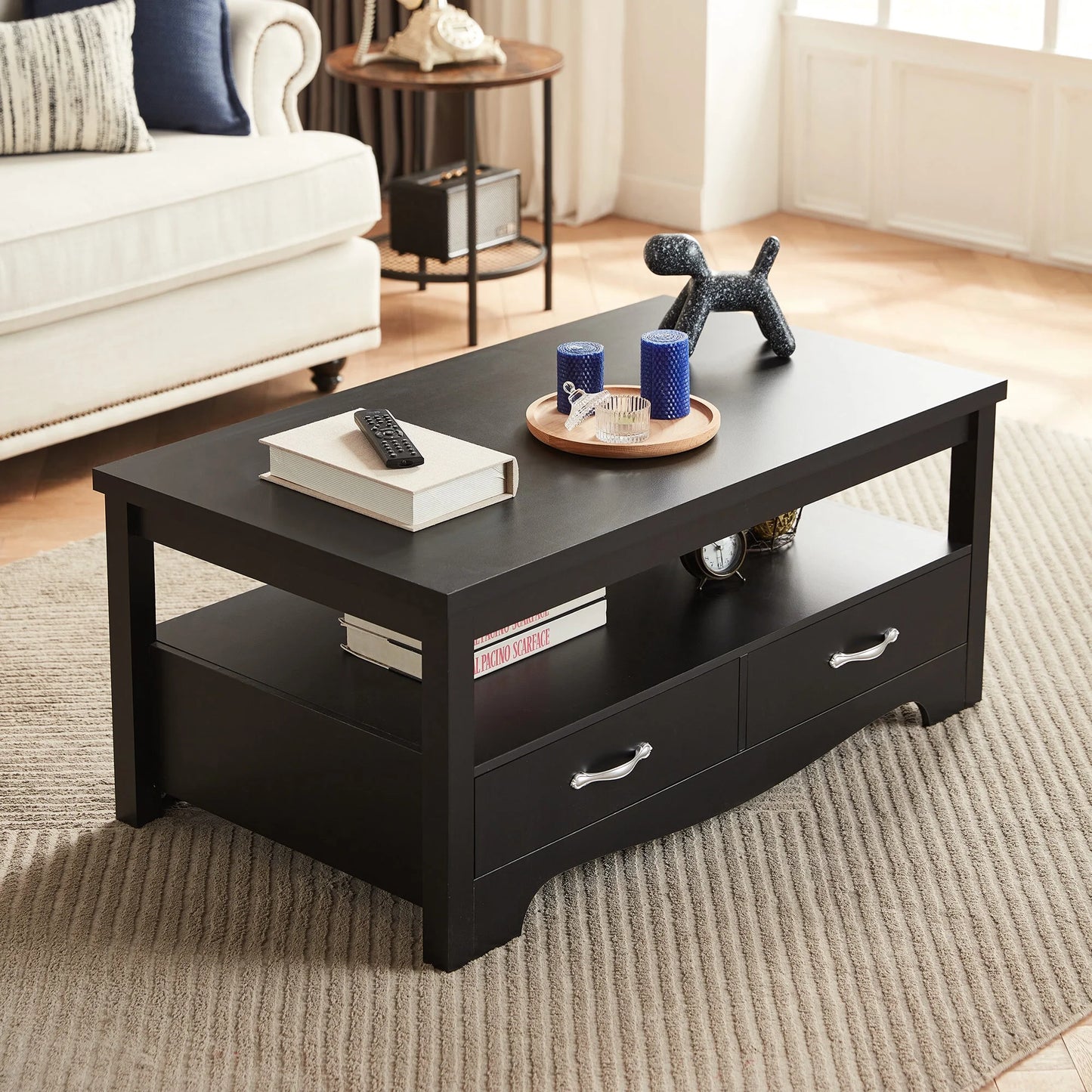 Coffee Table with Storage Drawers, Wooden Farmhouse TV Stand Center Table for Living Room, Black