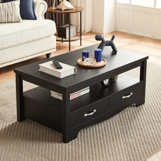 Coffee Table with Storage Drawers, Wooden Farmhouse TV Stand Center Table for Living Room, Black
