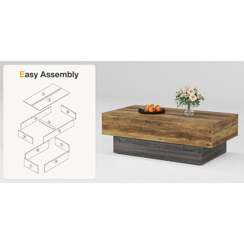 Allan 55.12 In. Brown and Gray Living Room Center Table, Rectangle Wood Coffee Table, Vintage Large Tea Table