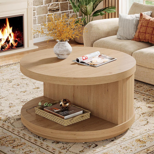 31.5" round Industrial Coffee Table with Storage, Fluted Accent Center Table for Living Room (Natural)