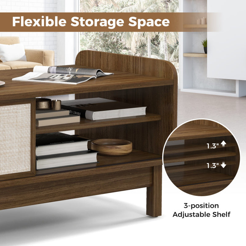 Mid-Century Center Table with Storage and Weaving Sliding Door & Adjustable Shelf