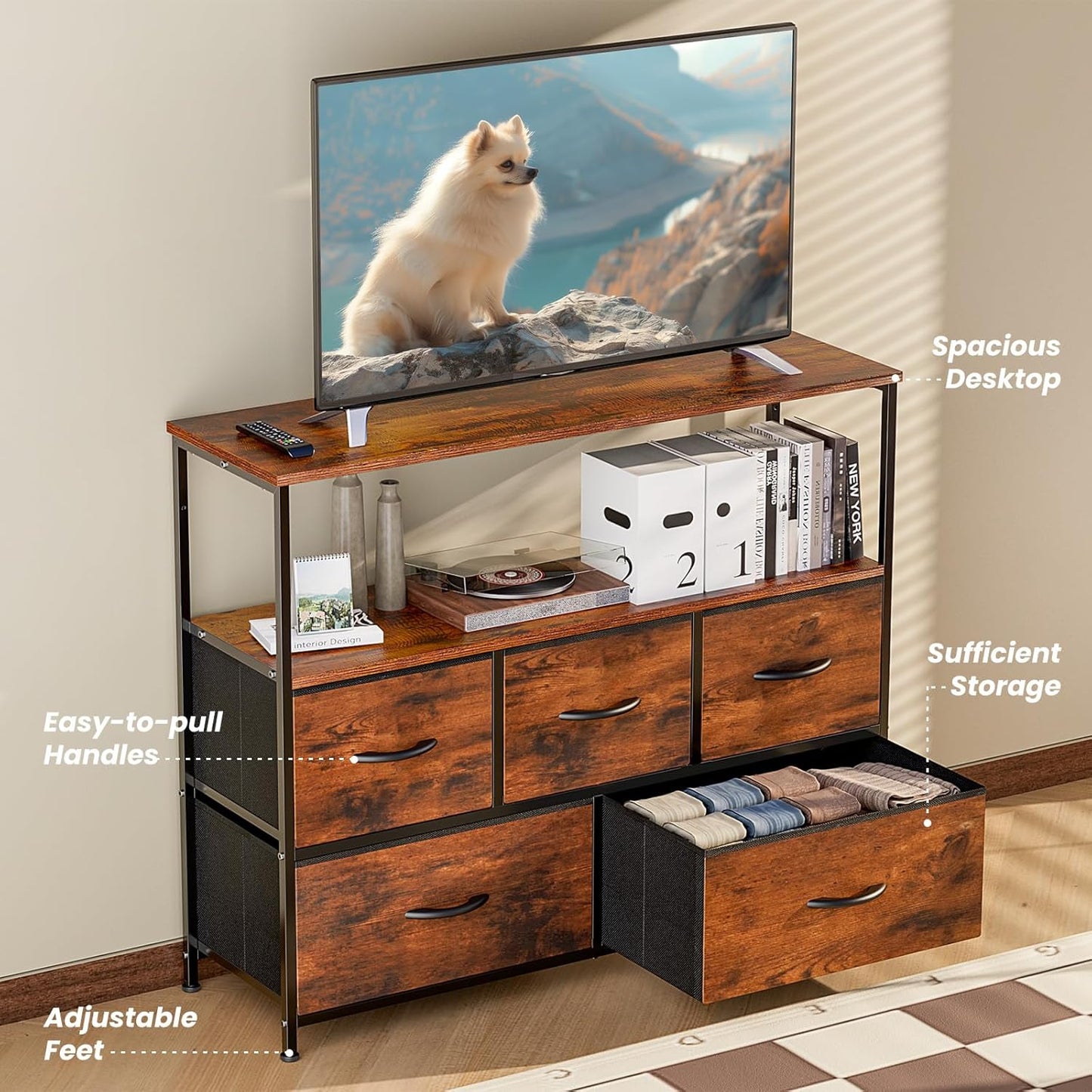Dresser for Bedroom, TV Stand, 5-Drawer Fabric Storage Cabinet with Open Shelves