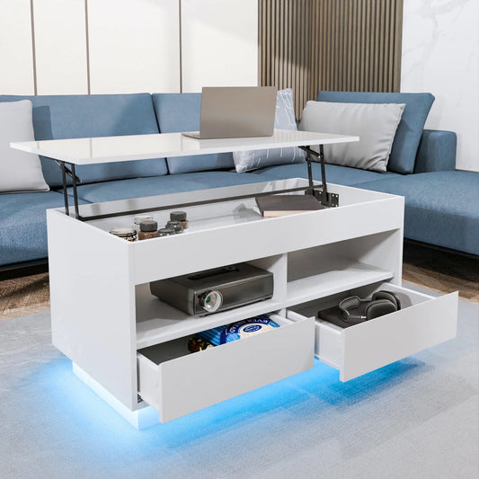 Lift Top Coffee Table with LED Light 4 Tier Modern Center Tables with 2 Storage Drawers Hidden Compartment Open Shelves for Living Dining Room