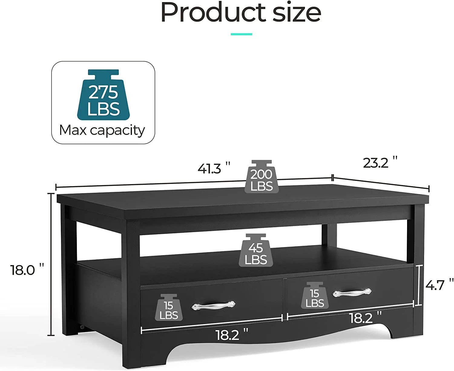Coffee Table with Storage Drawers, Wooden Farmhouse TV Stand Center Table for Living Room, Black