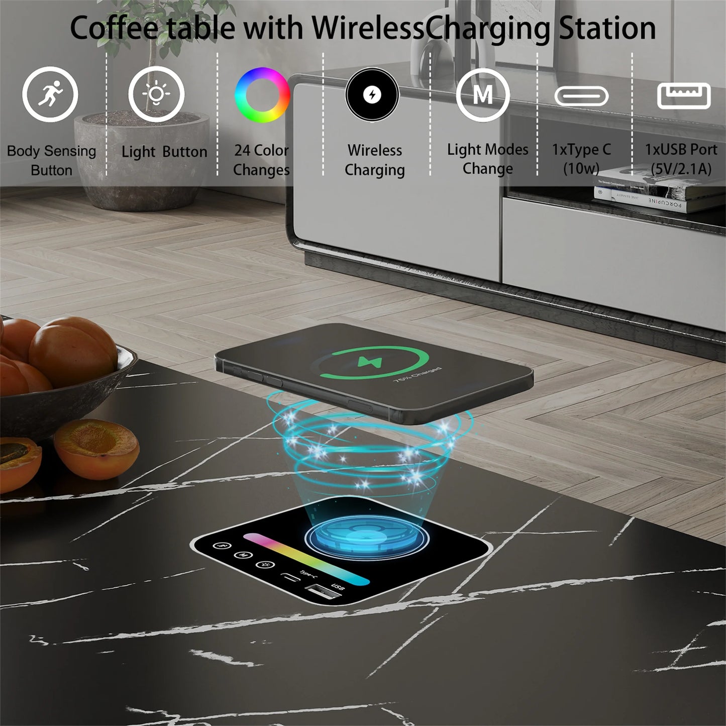 Modern LED Coffee Table with Wireless Charging & Speaker, Smart Center Table for Living Room, Black