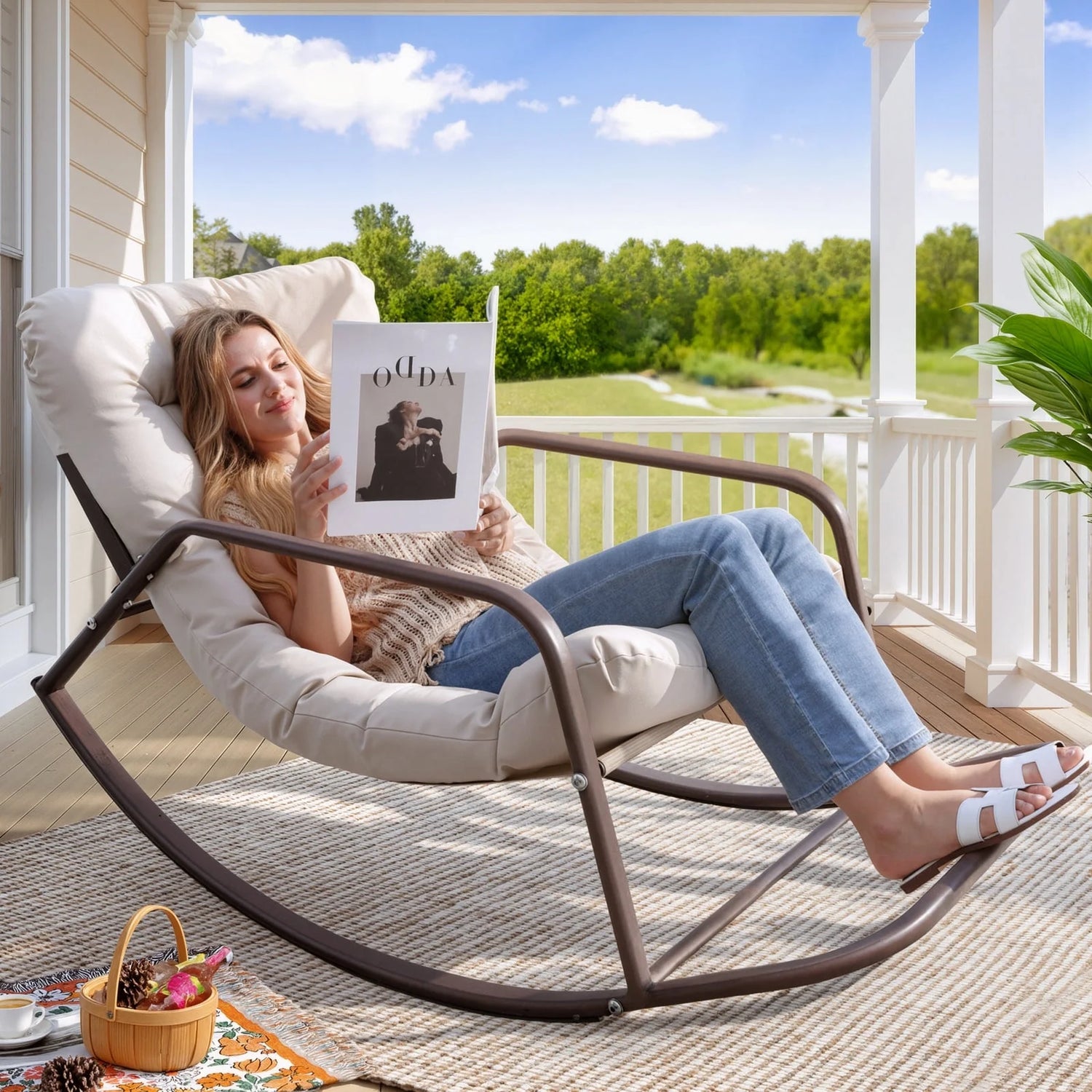 Oversized Rocking Chair with Footrest,  Patio Papasan Rocking Recliner for Indoor Outdoor Use, Heavy Duty Wicker Lounge Chair, 450Lbs, Beige