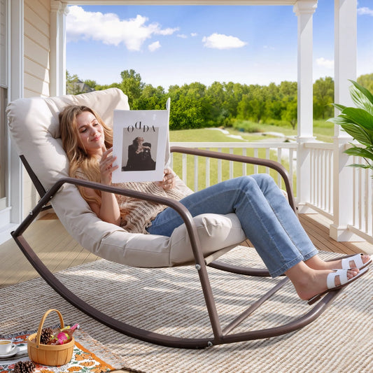 Oversized Rocking Chair with Footrest,  Patio Papasan Rocking Recliner for Indoor Outdoor Use, Heavy Duty Wicker Lounge Chair, 450Lbs, Beige