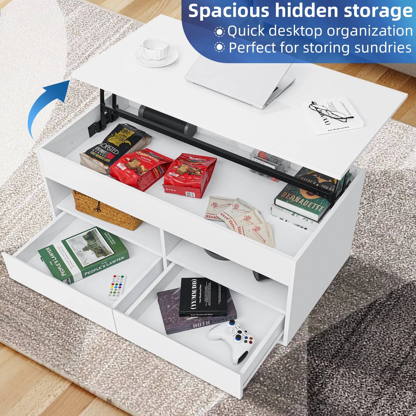 Lift Top Coffee Table with LED Light 4 Tier Modern Center Tables with 2 Storage Drawers Hidden Compartment Open Shelves for Living Dining Room