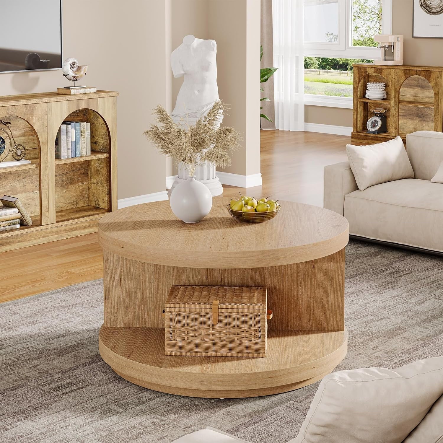 31.5" round Industrial Coffee Table with Storage, Fluted Accent Center Table for Living Room (Natural)