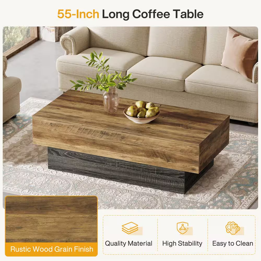 Allan 55.12 In. Brown and Gray Living Room Center Table, Rectangle Wood Coffee Table, Vintage Large Tea Table
