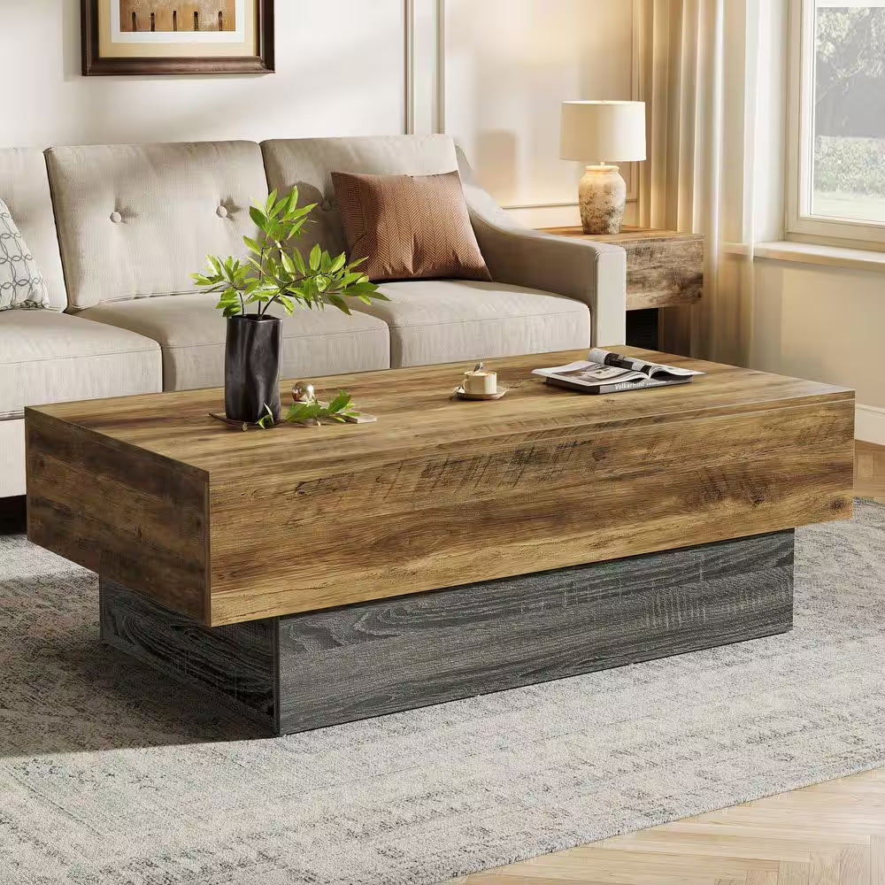 Allan 55.12 In. Brown and Gray Living Room Center Table, Rectangle Wood Coffee Table, Vintage Large Tea Table