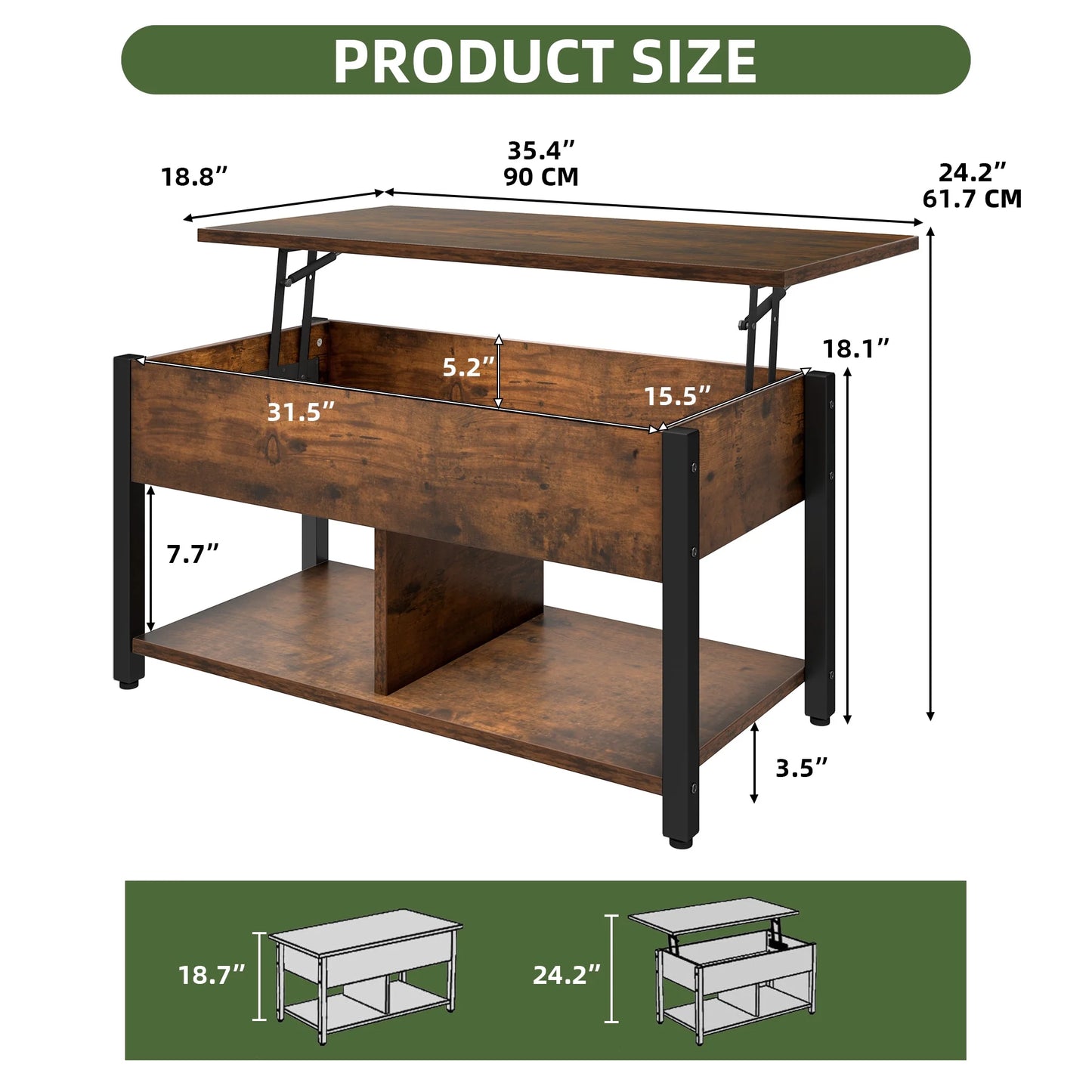 Coffee Table with Storage, Lift-Top Wooden Center Table for Home & Office, Rustic Brown