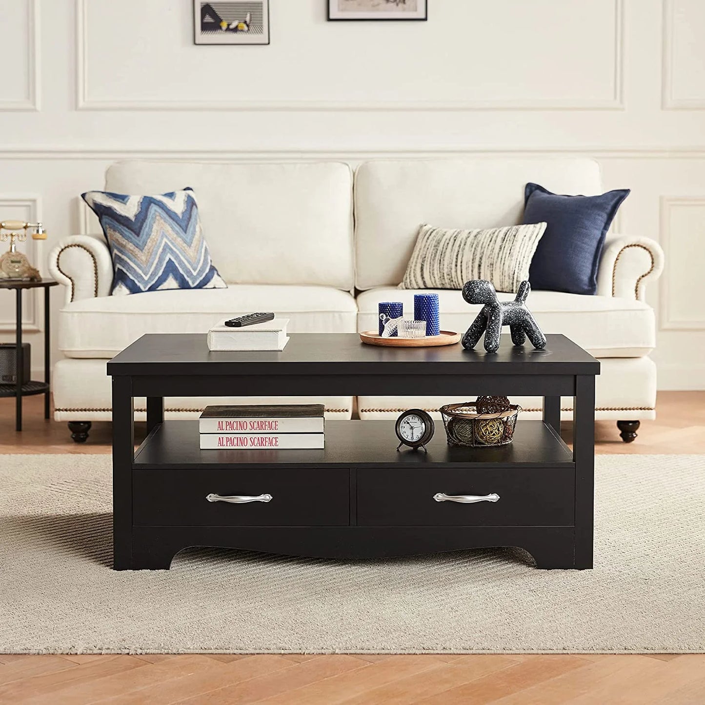 Coffee Table with Storage Drawers, Wooden Farmhouse TV Stand Center Table for Living Room, Black