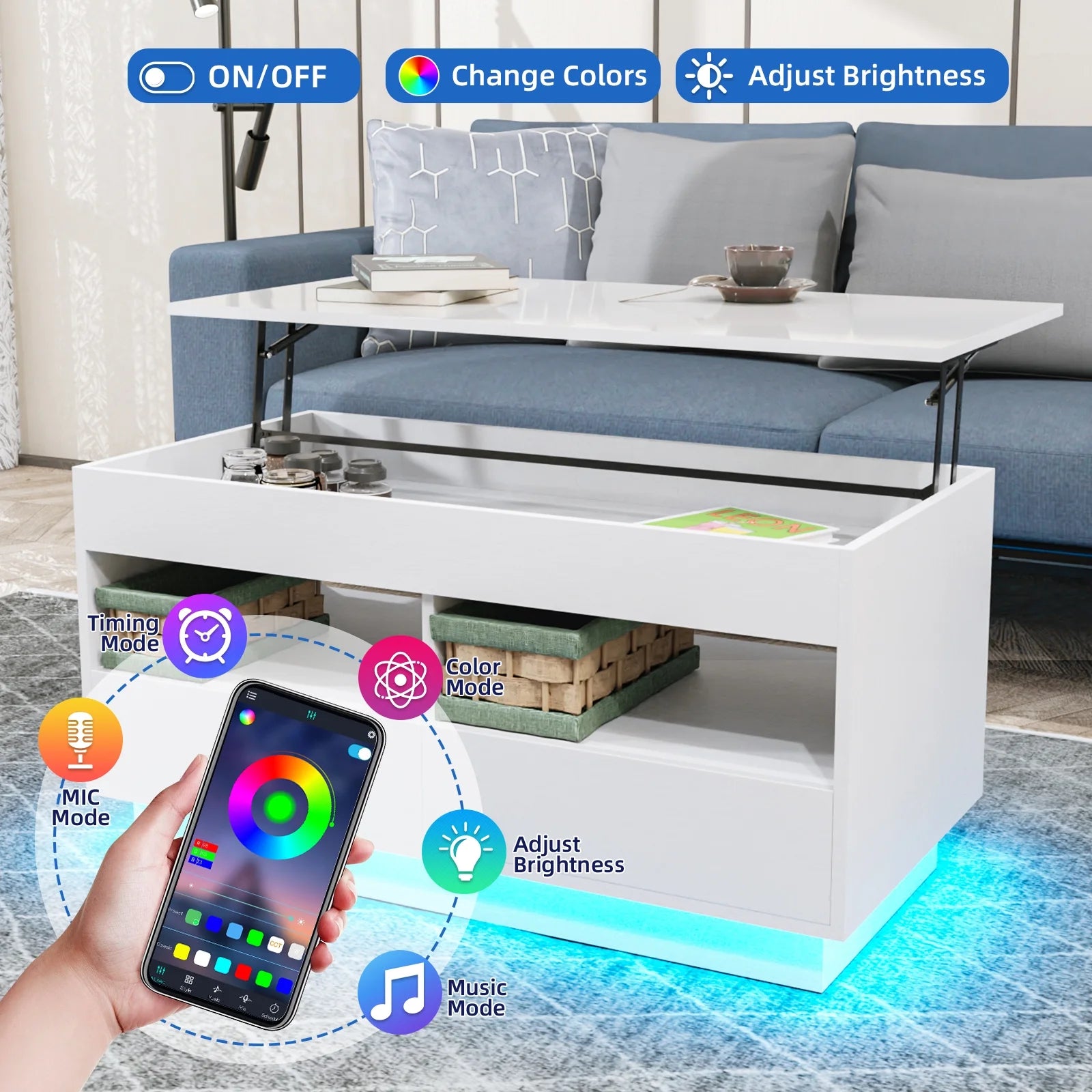 Lift Top Coffee Table with LED Light 4 Tier Modern Center Tables with 2 Storage Drawers Hidden Compartment Open Shelves for Living Dining Room