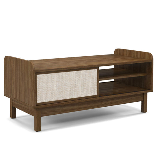 Mid-Century Center Table with Storage and Weaving Sliding Door & Adjustable Shelf