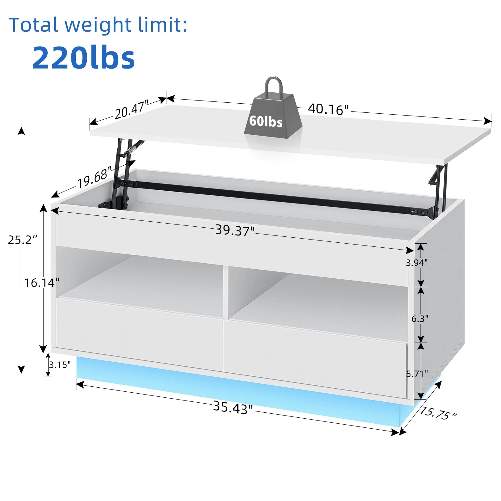 Lift Top Coffee Table with LED Light 4 Tier Modern Center Tables with 2 Storage Drawers Hidden Compartment Open Shelves for Living Dining Room