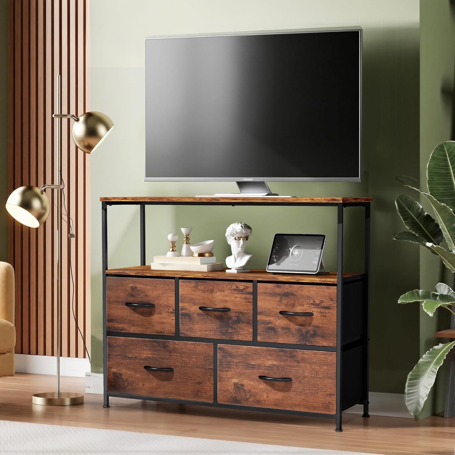 Dresser for Bedroom, TV Stand, 5-Drawer Fabric Storage Cabinet with Open Shelves