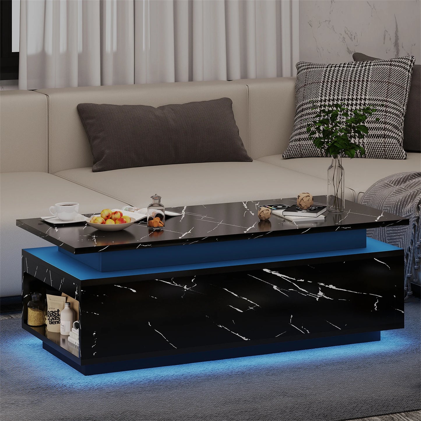 Modern LED Coffee Table with Wireless Charging & Speaker, Smart Center Table for Living Room, Black