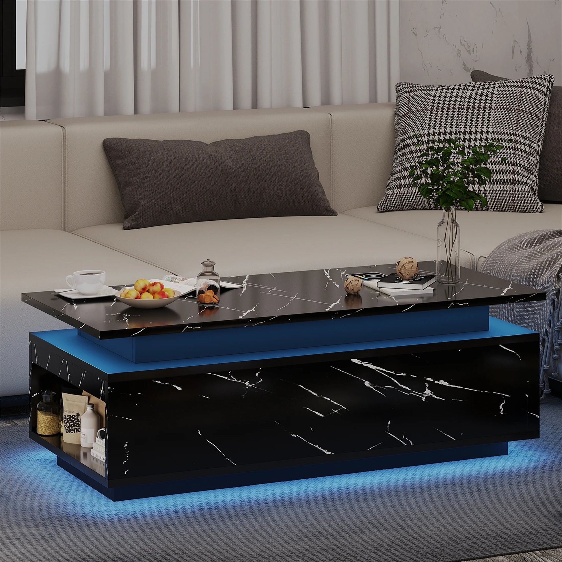 Modern LED Coffee Table with Wireless Charging & Speaker, Smart Center Table for Living Room, Black