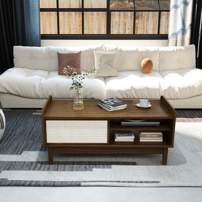 Mid-Century Center Table with Storage and Weaving Sliding Door & Adjustable Shelf