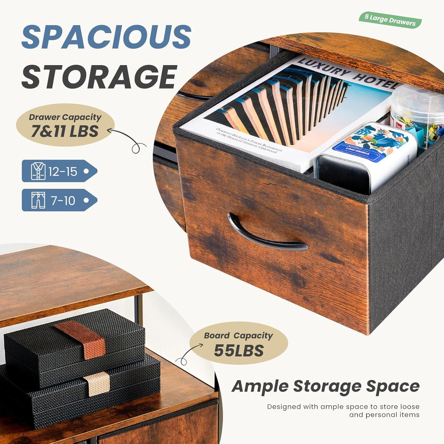 Dresser for Bedroom, TV Stand, 5-Drawer Fabric Storage Cabinet with Open Shelves