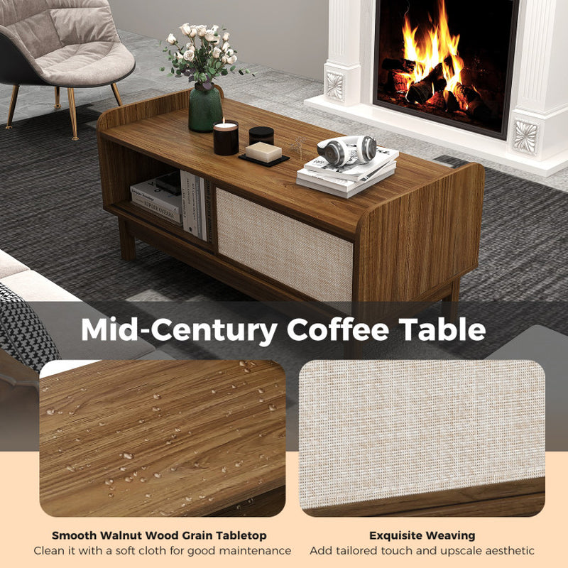 Mid-Century Center Table with Storage and Weaving Sliding Door & Adjustable Shelf