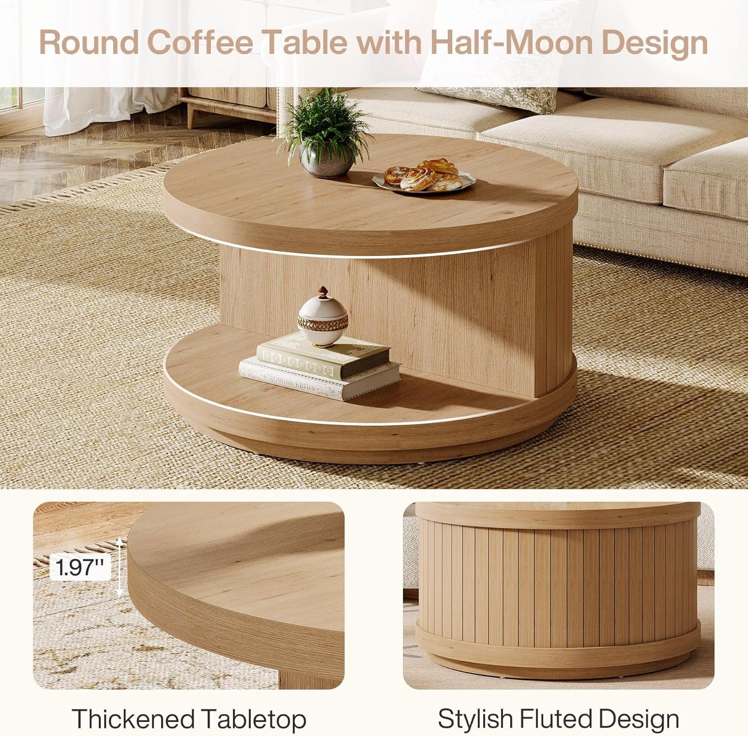 31.5" round Industrial Coffee Table with Storage, Fluted Accent Center Table for Living Room (Natural)