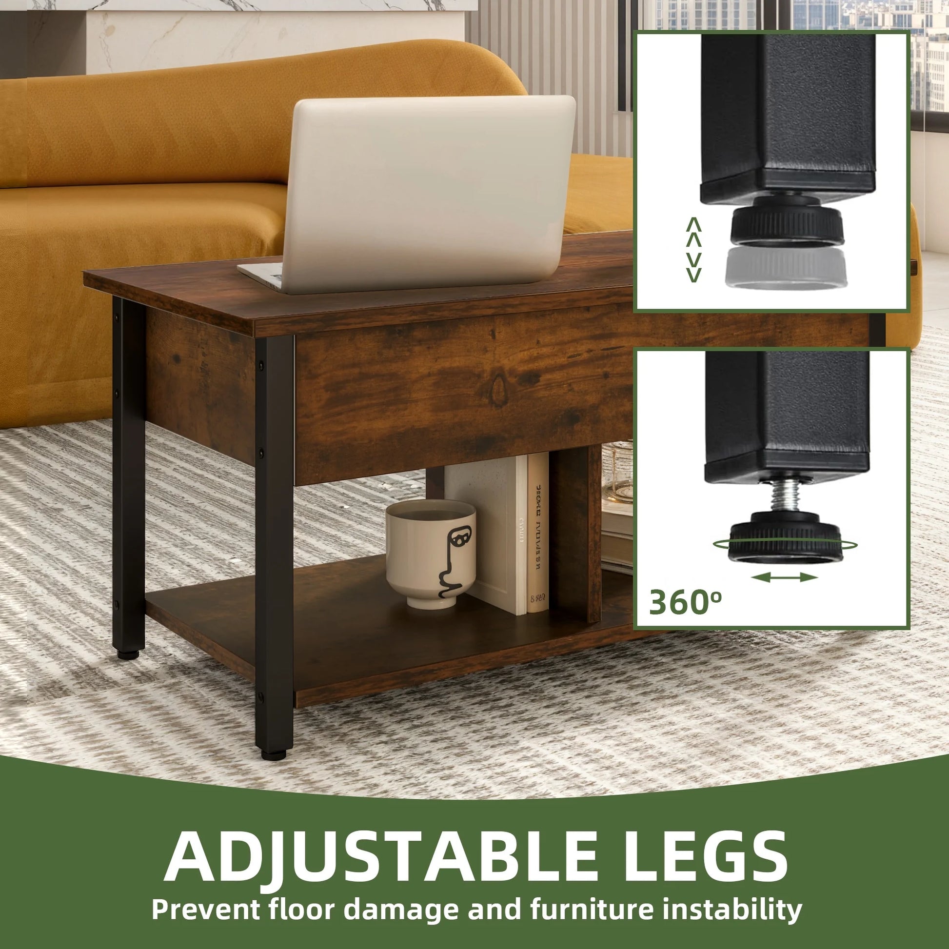 Coffee Table with Storage, Lift-Top Wooden Center Table for Home & Office, Rustic Brown