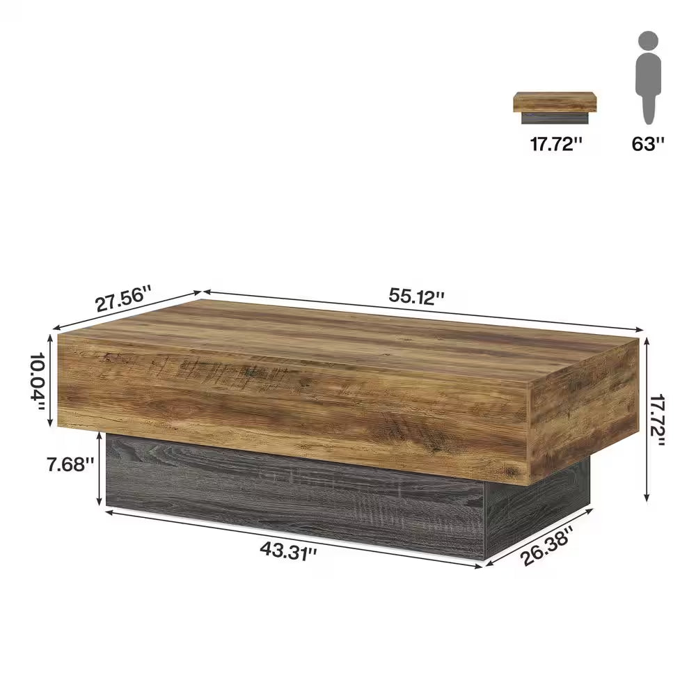 Allan 55.12 In. Brown and Gray Living Room Center Table, Rectangle Wood Coffee Table, Vintage Large Tea Table