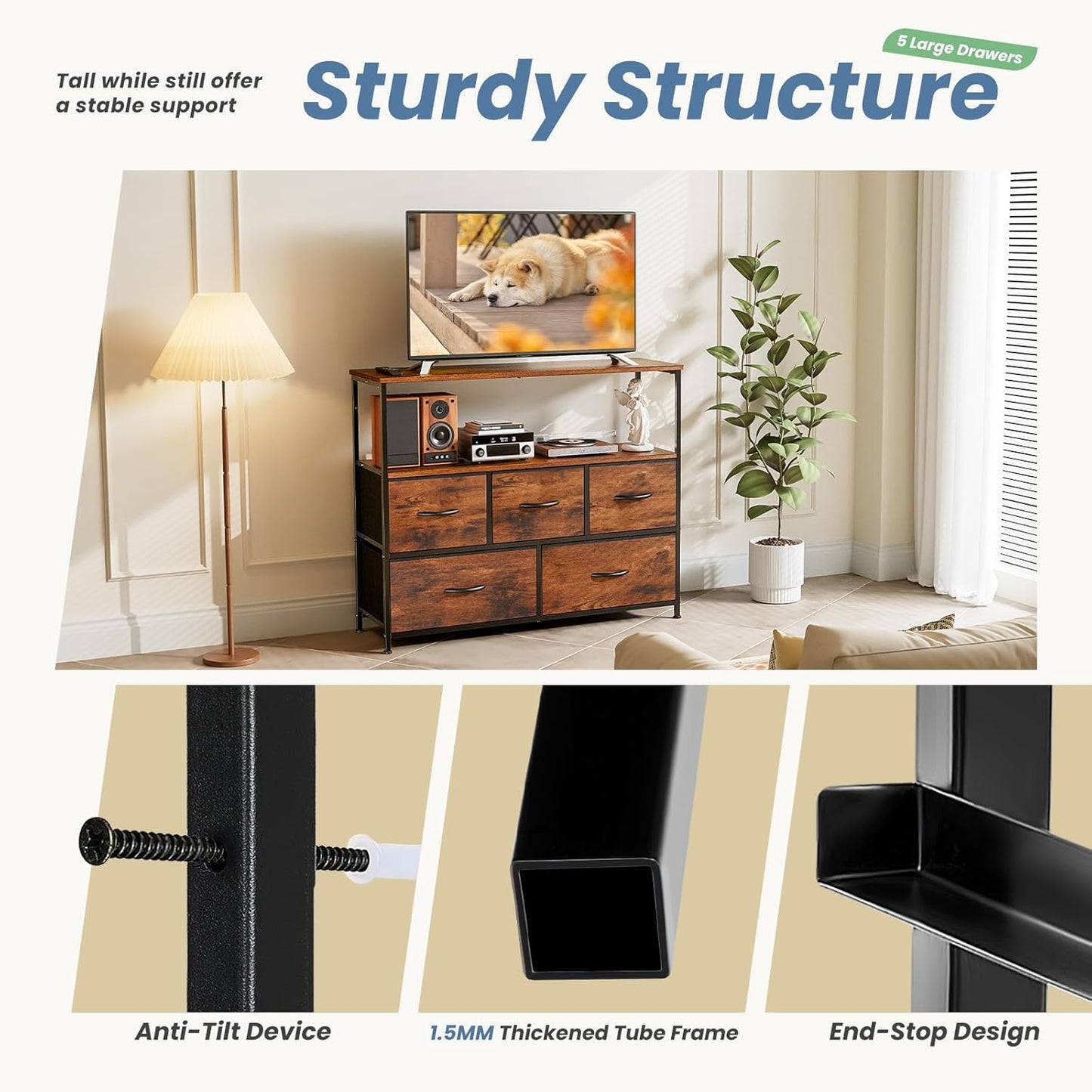 Dresser for Bedroom, TV Stand, 5-Drawer Fabric Storage Cabinet with Open Shelves