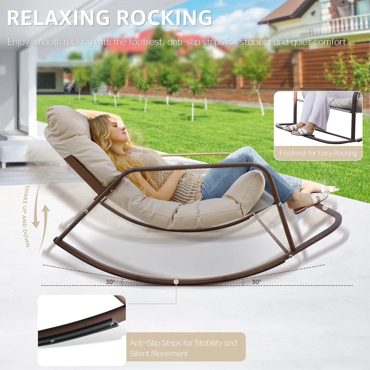 Oversized Rocking Chair with Footrest,  Patio Papasan Rocking Recliner for Indoor Outdoor Use, Heavy Duty Wicker Lounge Chair, 450Lbs, Beige