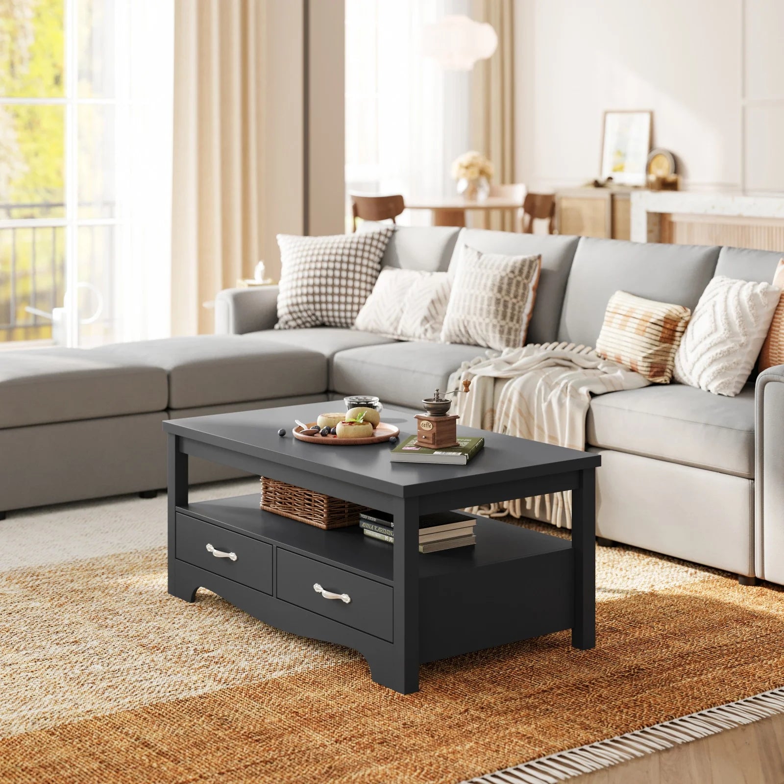 Coffee Table with Storage Drawers, Wooden Farmhouse TV Stand Center Table for Living Room, Black