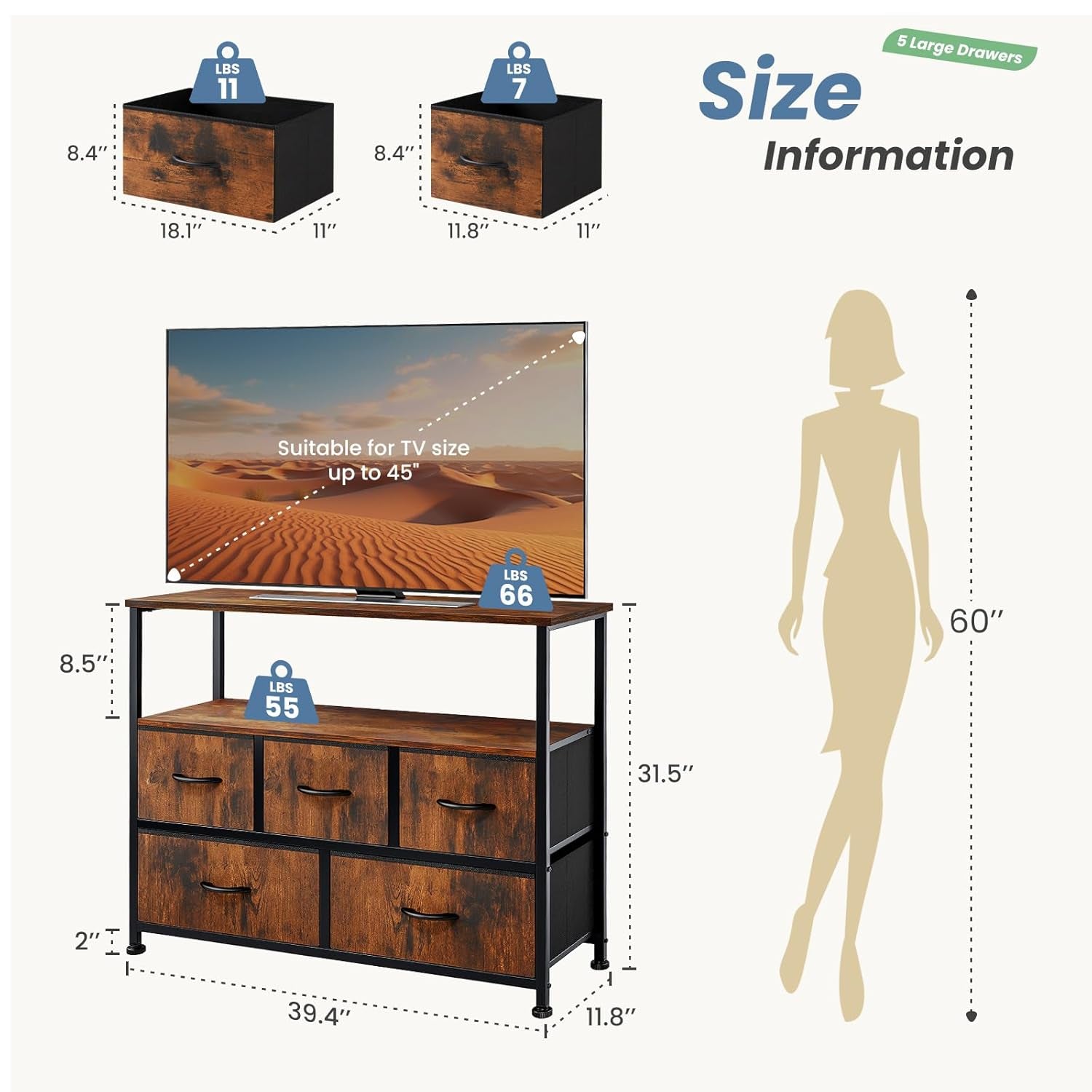 Dresser for Bedroom, TV Stand, 5-Drawer Fabric Storage Cabinet with Open Shelves