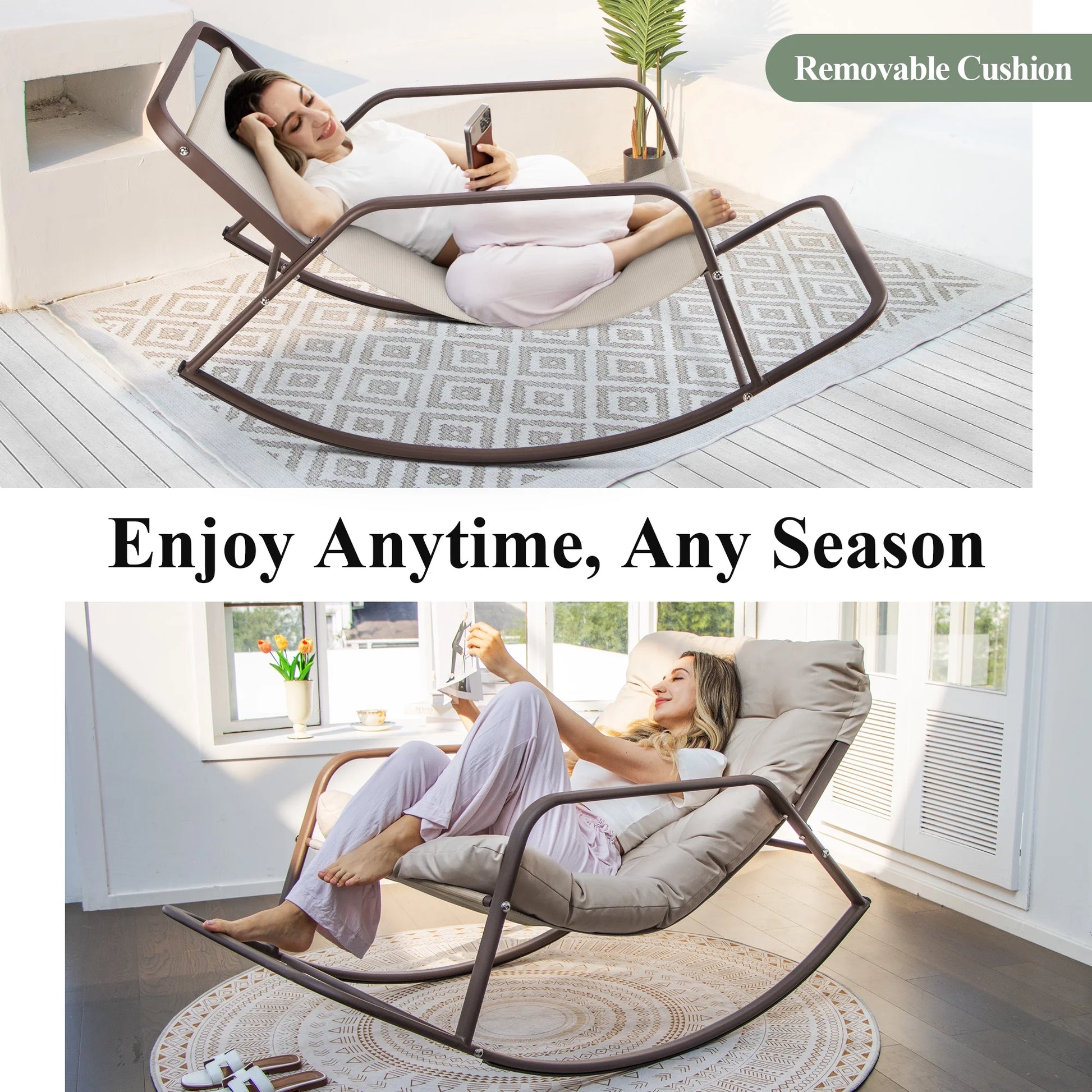 Oversized Rocking Chair with Footrest,  Patio Papasan Rocking Recliner for Indoor Outdoor Use, Heavy Duty Wicker Lounge Chair, 450Lbs, Beige