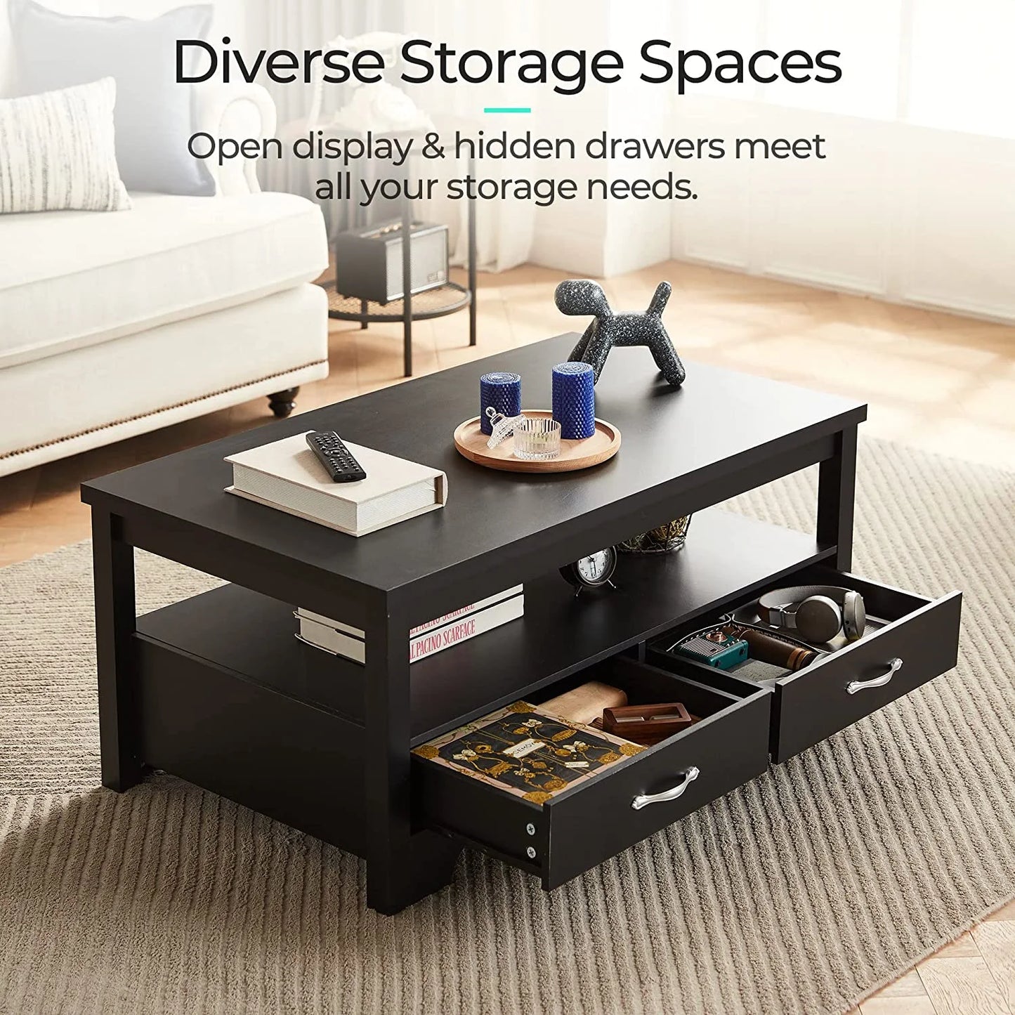 Coffee Table with Storage Drawers, Wooden Farmhouse TV Stand Center Table for Living Room, Black