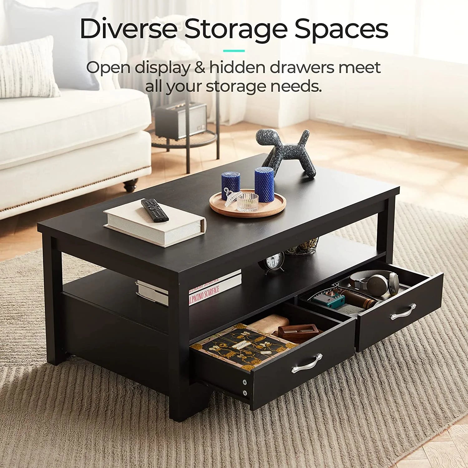 Coffee Table with Storage Drawers, Wooden Farmhouse TV Stand Center Table for Living Room, Black