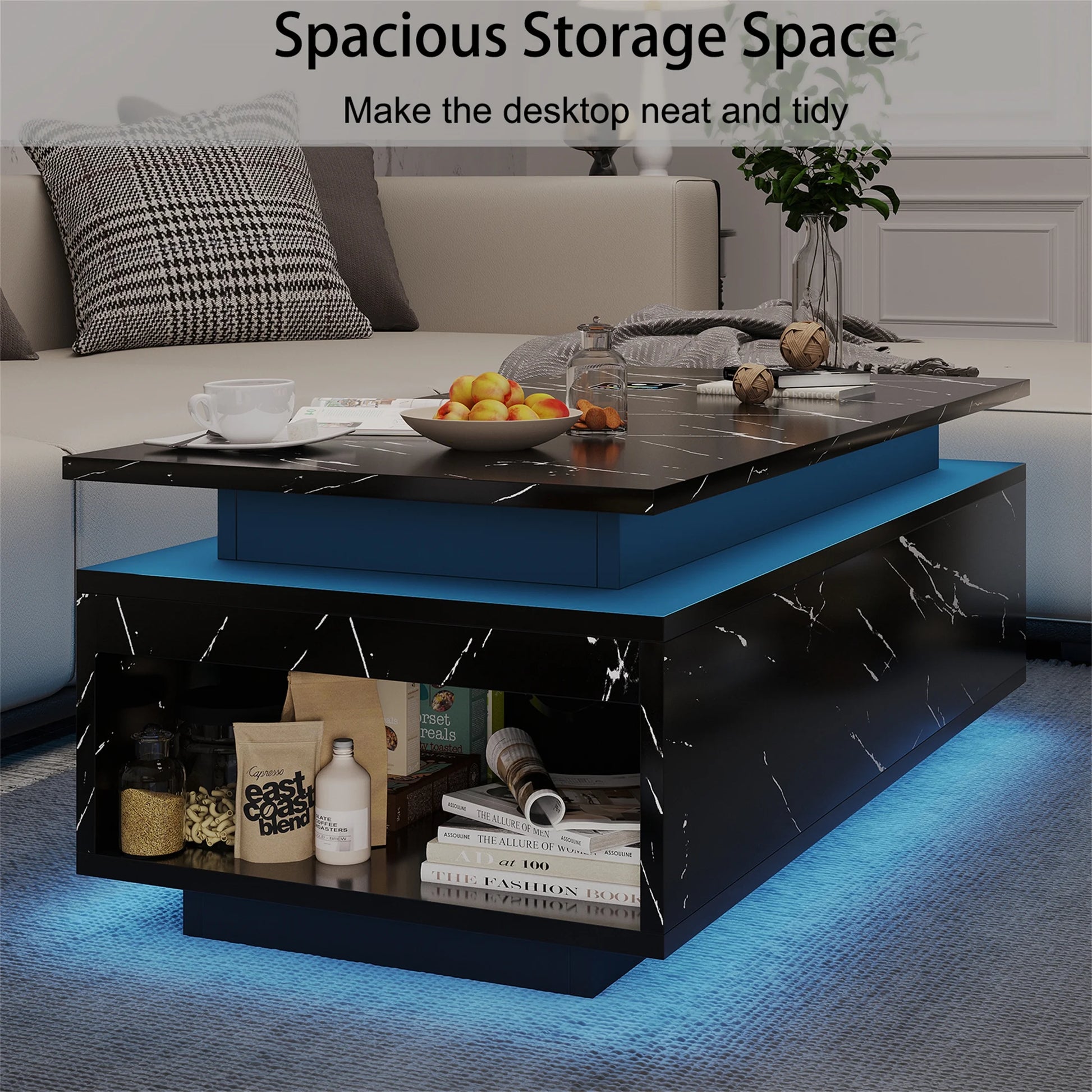 Modern LED Coffee Table with Wireless Charging & Speaker, Smart Center Table for Living Room, Black