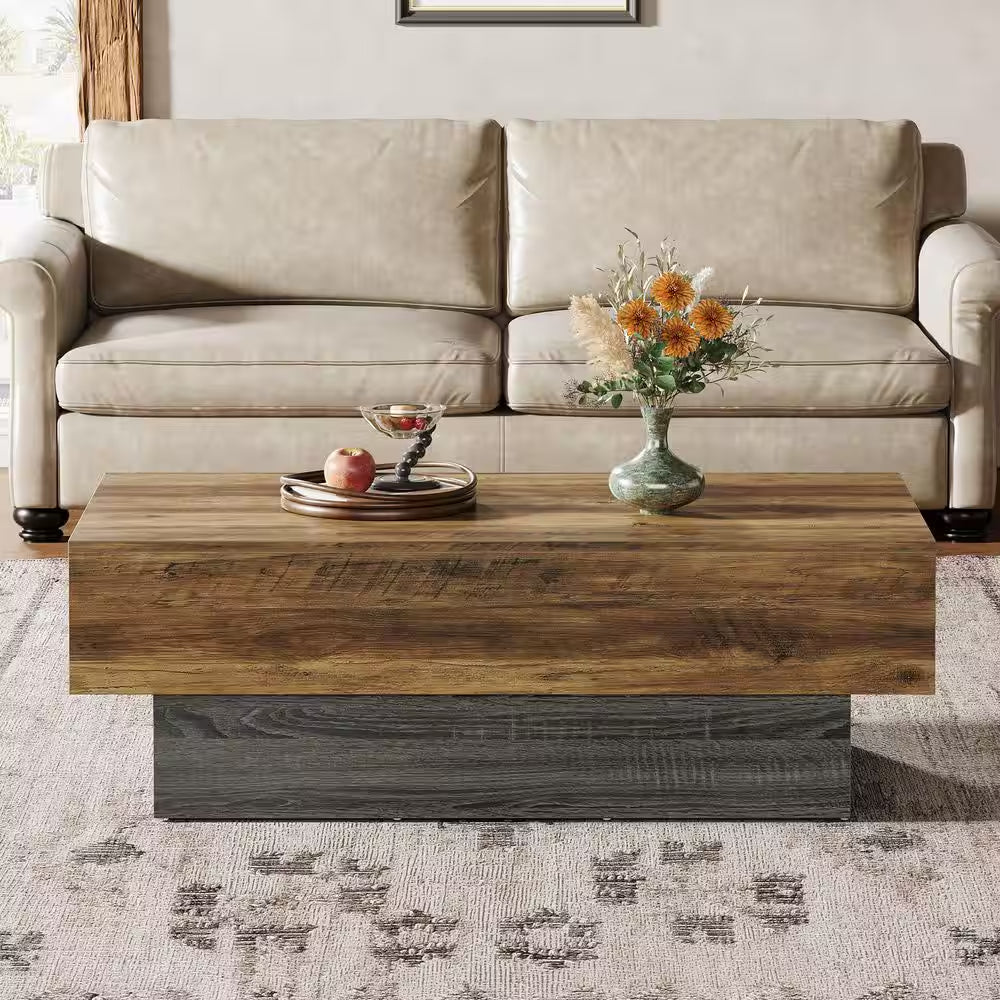 Allan 55.12 In. Brown and Gray Living Room Center Table, Rectangle Wood Coffee Table, Vintage Large Tea Table